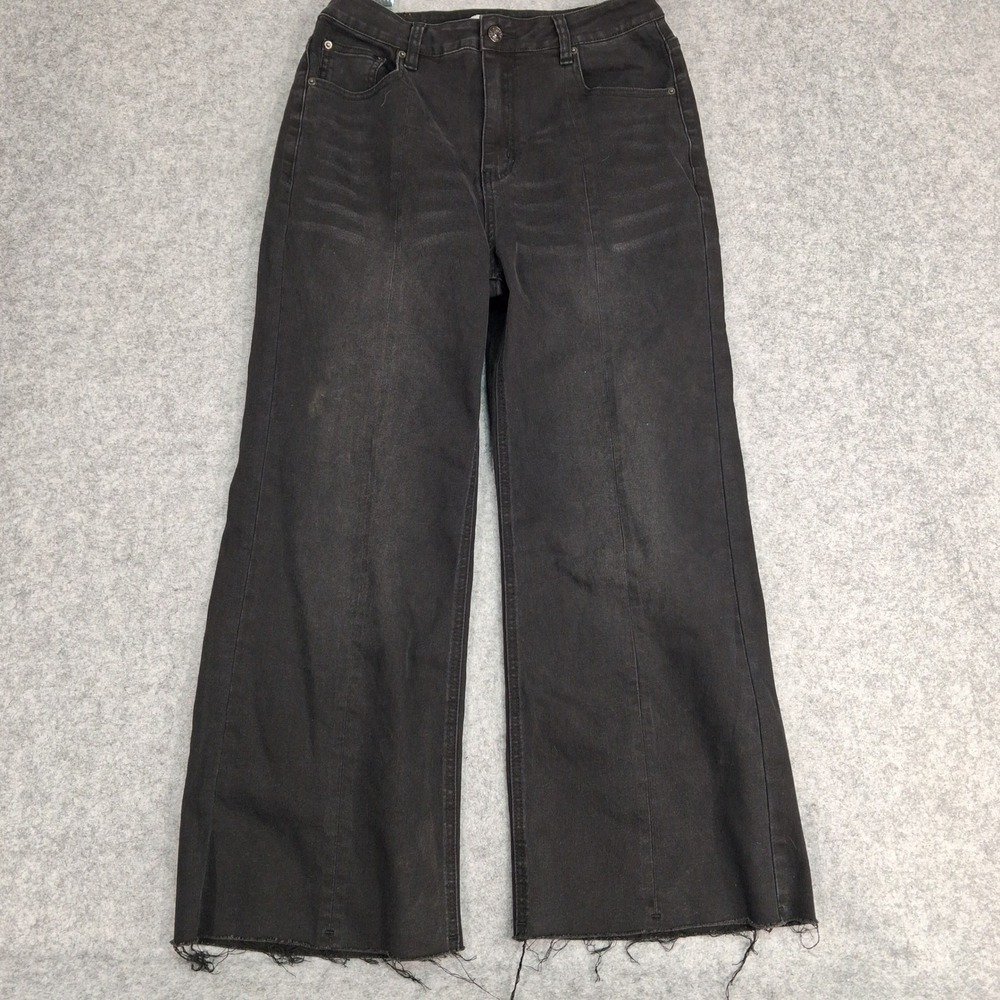 Genleck Jeans Womens 10 Black Wide Leg Raw Hem‎ High Rise Seam Front Denim